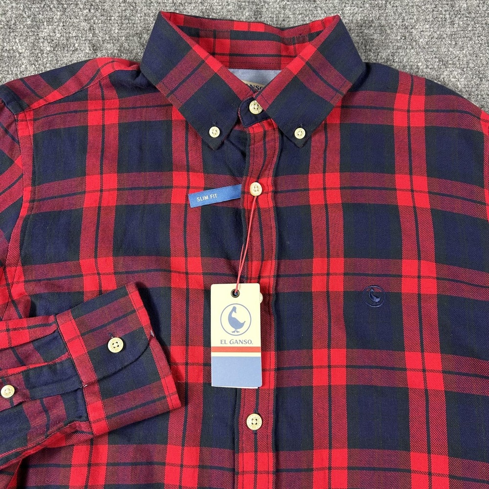 El Ganso Shirt Mens Medium‎ Red Navy Plaid Slim Fit Button Down Cotton Casual